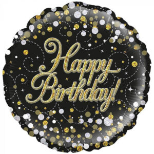 Black and gold happy birthday, luxury balloon by Flowers by Kerry Mac for Manchester flower delivery