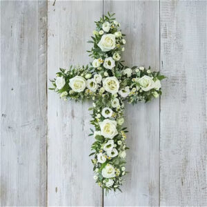 White and green cross, a handcrafted funeral flowers by Flowers by Kerry Mac Manchester florist