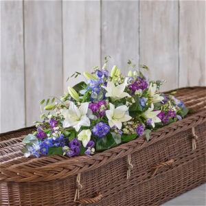 Blue and White Casket spray, a handcrafted funeral flowers by Flowers by Kerry Mac Manchester florist