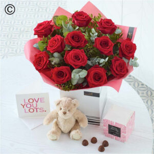 Valentine’s Day 12 Red Roses Gift Set, luxury romantic bouquet by Flowers by Kerry Mac for Manchester flower delivery