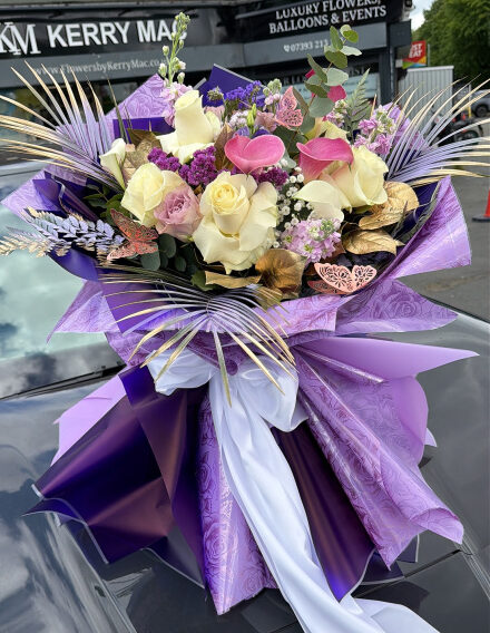 The Purple Queen, luxury frilly wrapped collection by Flowers by Kerry Mac for Manchester flower delivery